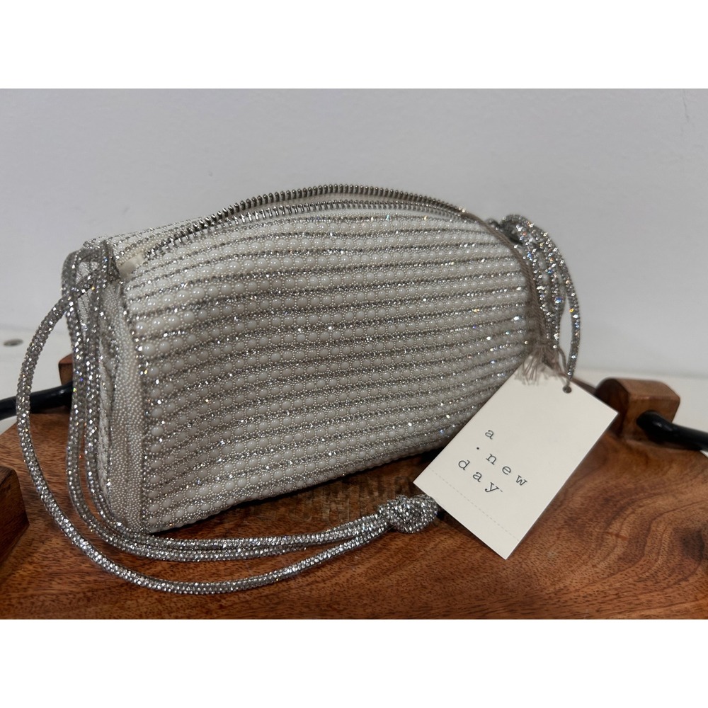 Beaded Rhinestone Evening Clutch Bag Ivory Silver Wedding Formal Bridemaids NWT